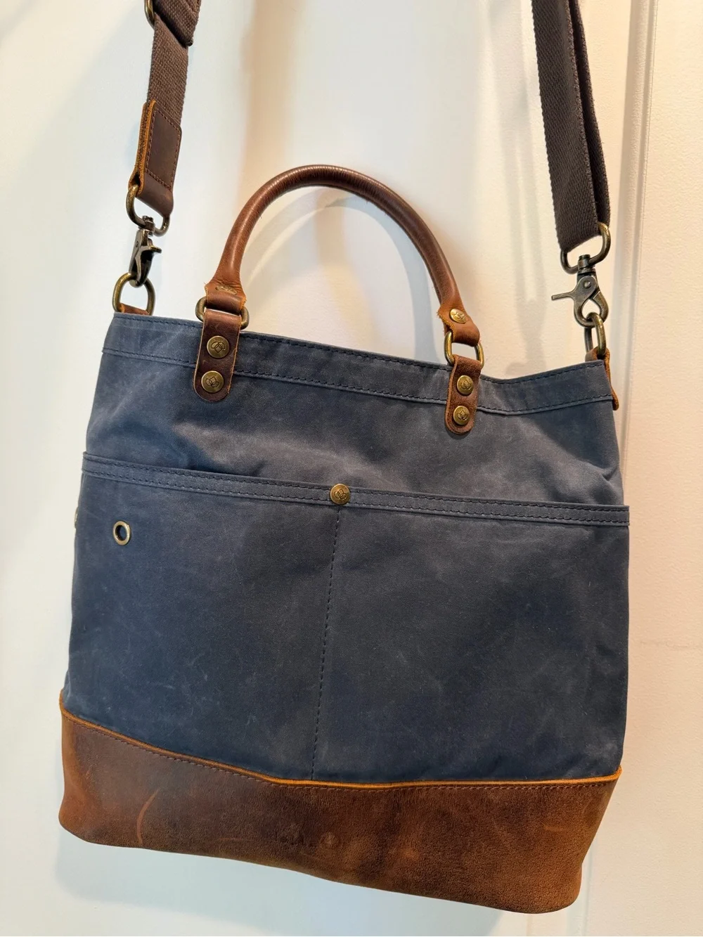 Della Q Makers Canvas Tote in Navy with Brown Leather Trim - Picture 3 of 4